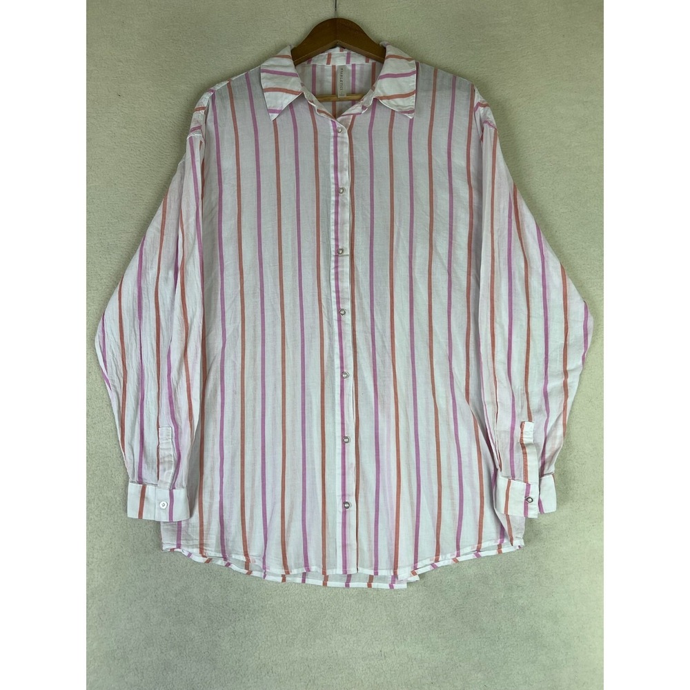 Fabletics Voile Oversized Shirt Women's Large White Pink Striped Button Up